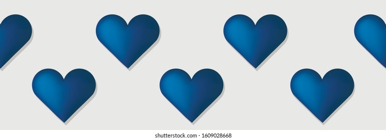 Trendy classic blue volume hearts on white background. Horizontal pattern. Concept of love, romance. Wrapping paper, textile decor. Seamless vector pattern.