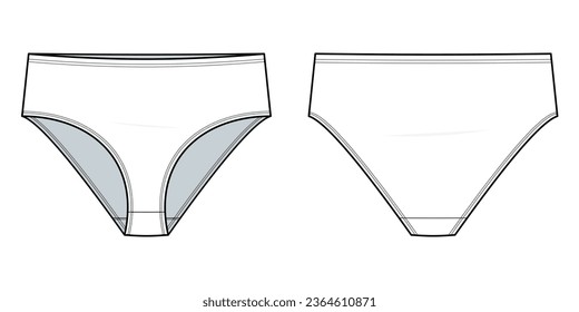 trendy Classic high-rise panty technical fashion illustration. brief fashion flat technical drawing template. Elasticated waistband, women's Underwear. front, and back view. white. CAD mockup