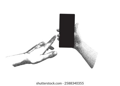 Trendy clip art element stipple hand gesture holding a mobile phone stippling photocopy effect. Vector monochrome dots texture, grain contrast y2k effect on transparent background