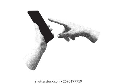 Trendy clip art element stipple hand gesture holding a mobile phone stippling photocopy effect. Vector monochrome dots texture, grain contrast y2k effect on transparent background