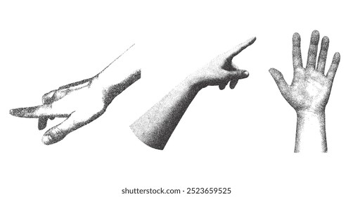 Trendy clip art elements y2k Set of stipple hands gesture with stippling photocopy effect . Vector dots texture, grain contrast effect