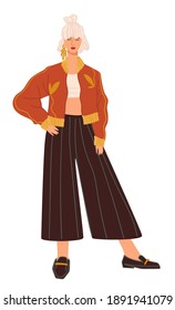 Trendy clothes and fashionable outfit of teenager or lady. Isolated woman wearing trousers and jacket posing for presentation of look. Stylish character or hispster model. Vector in flat style