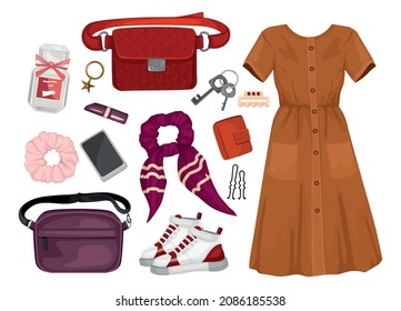 Trendy clothes set with isolated icons of female dress with boots scarf waist bag and accessories vector illustration