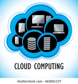 A trendy cloud computing concept showing related hardware involved in the technology.