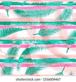 Trendy coconut palm leaves tree branches over painted stripes seamless pattern design. South african forest foliage summer fashion print. Geometric floral tropical leaves seamless.