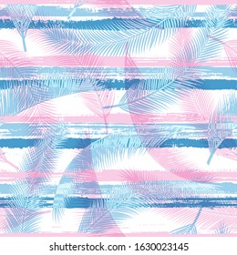 Trendy coconut palm leaves tree branches overlapping stripes vector seamless pattern. Madagascar forest foliage summer fashion print. Geometric floral tropical leaves seamless.