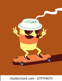 Trendy Coffee cup character skating on longboard