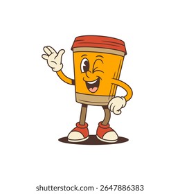 Mascote de café moderno com vibrações retrô, piscadela encantadora e onda amigável. Perfeito ajuste para cafés, branding, projetos promocionais, embalagem e conteúdo social. Ilustração vetorial editável e isolada