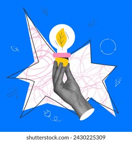 Trendy collage art with hand holding light bulb as metaphor for green industry and sustainability. Zero waste lifestyle and sustainability concept.Different abstract shapes.Vector