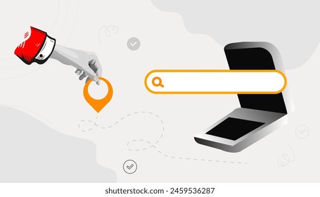 Trendy Collage Art Hand holding Pin Location and Computer Laptop with Search bar. Online find trip. vector art illustration