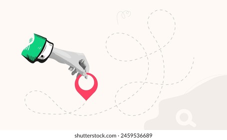 Trendy Collage Art with Hand holding pin location. Delivery route. Travel way and find trip. GPS point navigation. Transport logistic. Vector illustration