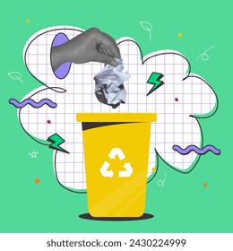 Trendy collage art with hand throwing paper to the bin. Recycle reuse and reduce. Zero waste lifestyle and sustainability concept.Different abstract shapes.Vector