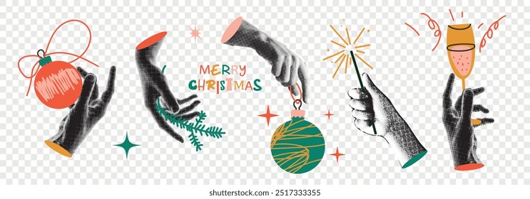 Trendy collage art. Hands hold a glass of champagne, Christmas tree decorations and a sparkler. New Year concept. Merry Christmas. Vector. Design for poster, banner or greeting card. 