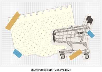 Trendy collage banner with cardboard applique shopping cart, torn pieces of different paper and strips of tape. Supermarket trolley with mezzotint photocopy effect.