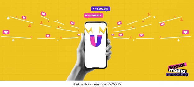 Trendy collage banner. With the hand that holds the phone. Advertising attracts subscribers. Blogger. Smm marketing. Attracting users. The sales funnel. Vector pop art illustration. 