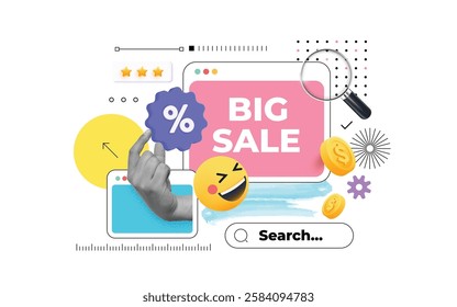 Trendy Collage concept of online shopping and delivery. Shopping illustration on white background. Contemporary banner with web site, discount offer, halftone hand. Advertising for season sales and di