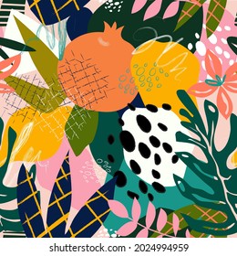 Trendy Collage contemporary floral seamless pattern. Modern exotic jungle fruits and plants illustration in vector.