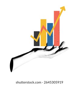 Trendy collage element of business gesture. Halftone hand holding raising arrow chart isolated on transparent background. Modern retro vector illustration for mixed media design