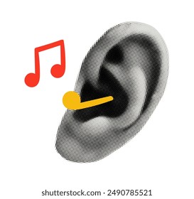 Trendy collage element. Halftone ear with doodle music notes. Listening music, song, sound, tune. Modern retro grunge vector illustration on transparent background