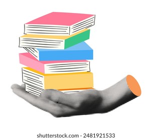 Trendy collage element halftone hand holding stack of books. Back to school concept with pile of textbooks in student's hand. Modern retro grunge vector illustration isolated on transparent background