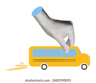 Trendy collage element. Halftone hand driving yellow school bus. Back to school concept. Modern retro grunge vector illustration isolated on transparent background