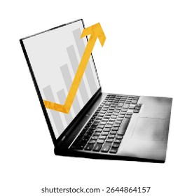 Trendy collage element. Halftone laptop with raising arrow chart isolated on transparent background. Business and financial growth chart, success concept. Modern retro mixed media vector illustration