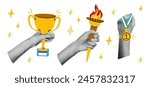 Trendy collage elements set Halftone hands holding trophy cup, torch with burning fire and first place gold medal. Success, victory. Modern retro vector illustration for mixed media design