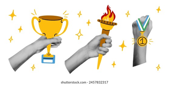 Trendy collage elements set Halftone hands holding trophy cup, torch with burning fire and first place gold medal. Success, victory. Modern retro vector illustration for mixed media design