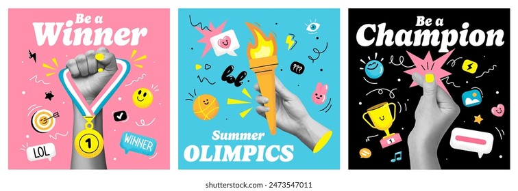 Trendy collage elements set Halftone hands holding trophy cup, torch with burning fire and first place gold medal. Success, victory. Modern retro vector illustration for mixed media design