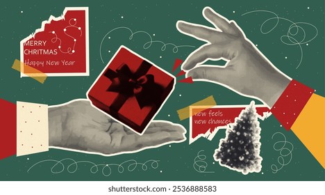 Collage de moda de un Anuncio de Navidades festivas en el estilo del arte pop. Elementos con el efecto de medios tonos para tarjetas de vacaciones, carteles, invitaciones. Vector.