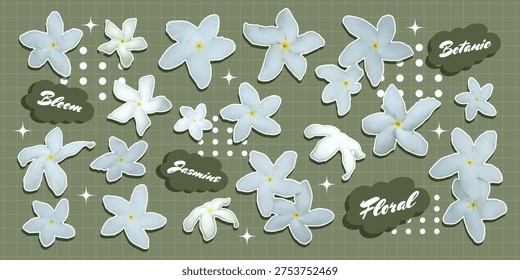 Trendy collage flower stickers set with photo cutout jasmine, halftone texture and decorative text bubbles. Retro pop floral elements. Contemporary vector illustration