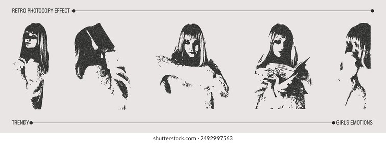 Trendy collage of a girl's emotions in retro grunge style with a photocopy effect. Dotted texture and dotted line effect. Vector illustration.