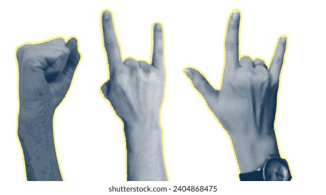 Trendy collage halftone elements with hand gestures, cutout shapes Symbol win, like, punk. Isolated white background. Concept of protest, confrontation, struggle, strike, victory. Vector illustration.