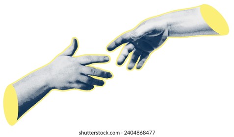 Trendy collage halftone elements with hand gestures, cutout shapes Symbol win, like, punk. Isolated white background. Concept of protest, confrontation, struggle, strike, victory. Vector illustration.