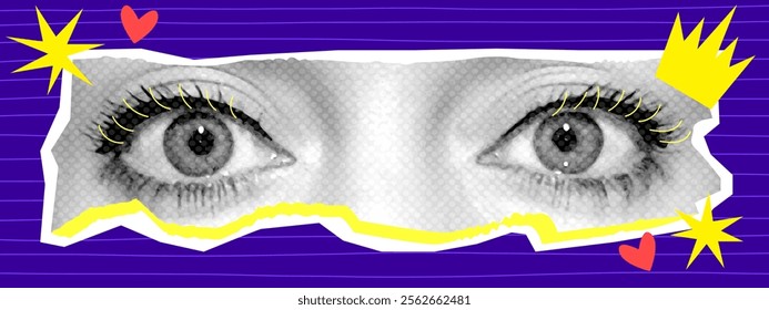 Trendy collage halftone eyes with doodle elements. Retro template for banner, poster, card. Glamour fashion contemporary vector illustration.