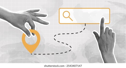 Trendy collage with halftone hands holding position element and search bar. GPS navigation. Pin location. Travel way and find trip. Transport logistic.  Package tracking. Contemporary art vector