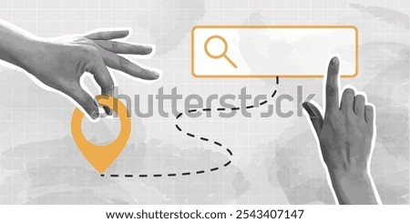 Trendy collage with halftone hands holding position element and search bar. GPS navigation. Pin location. Travel way and find trip. Transport logistic.  Package tracking. Contemporary art vector