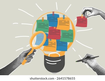 Trendy collage of halftone images. Brainstorming session Exploring ideas with stickers and light bulbs. Concept of gathering ideas, brainstorming for new ideas, generating ideas, teamwork, finding