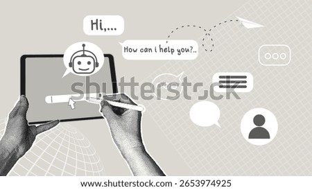 A trendy collage of halftone images. Chatbot user interface and digital communication. The concept of using a chatbot with artificial intelligence, an intelligent system in the modern world of