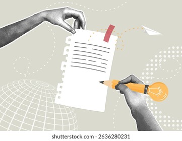 Trendy collage of halftone images. Documenting and sharing creative ideas. The concept of writing a note, memo, information, article, or new idea.