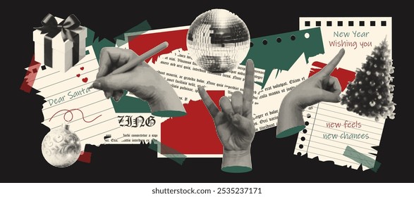 Trendy collage with halftone patterns. Gift box, hands, torn paper, newspaper, Christmas tree, disco ball. Vector in the style of pop art, vintage.