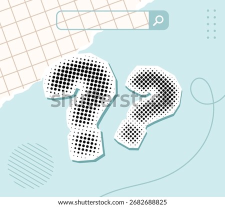 Trendy collage halftone question mark with search bar icon vector fit for illustration design looking for answers, business problem analysis, content about question and answer