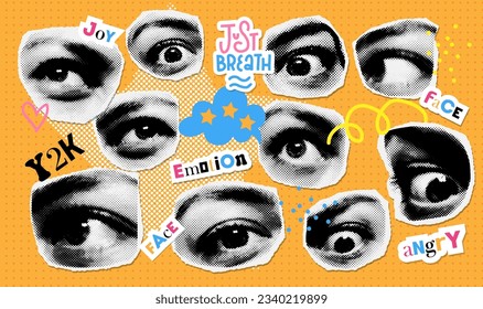 Trendy collage halftone set with emotional eyes. Retro paper stickers template for banner, poster, card. Contemporary dotted vector illustration.