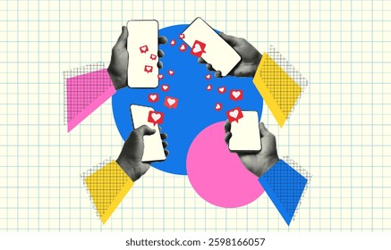 Trendy collage halftone social network. Concept of digital marketing, influence feedback n public or personal internet network. Modern retro vector illustration mixed media.