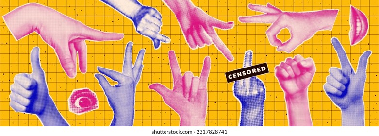 Trendy collage halftone  sticker set. Halftone hands gesture in vibrant blue and pink colors. Retro template for banner, poster, card. Contemporary vector illustration.	