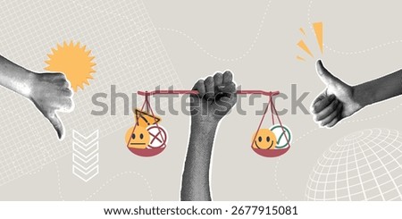 Trendy collage in halftones. Comparison of pros and cons. Concept of evaluating advantages, decision-making, evaluation concept, elements of pros and cons of equilibrium balance.