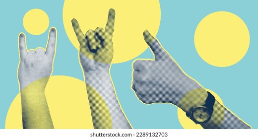 Trendy collage with hand gestures, cutout shapes Symbol win, like, punk. Grunge halftone retro banner poster design. Concept of protest, confrontation, struggle, strike, victory. Vector illustration