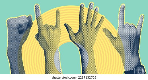 Trendy collage with hand gestures, cutout shapes Symbol win, like, punk. Grunge halftone retro banner poster design. Concept of protest, confrontation, struggle, strike, victory. Vector illustration