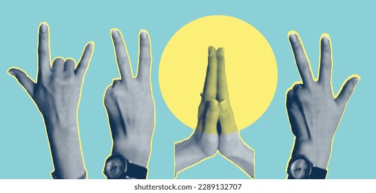 Trendy collage with hand gestures, cutout shapes Symbol win, like, punk. Grunge halftone retro banner poster design. Concept of protest, struggle, faith, prayer, victory. Vector illustration