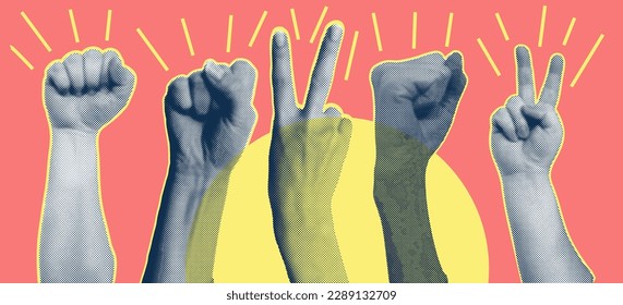 Trendy collage with hand gestures, cutout shapes Symbol win, like, punk. Grunge halftone retro banner poster design. Concept of protest, confrontation, struggle, strike, victory. Vector illustration